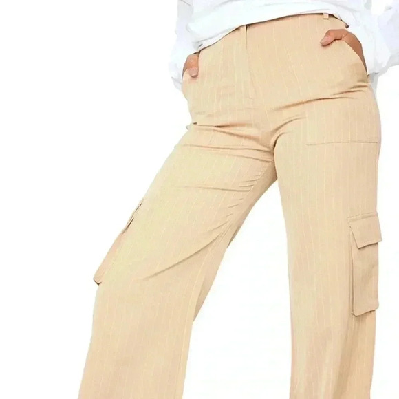 Pretty Little Thing Pinstripe Wideleg Cargo Side Slit Casual Trouser Pants - Picture 1 of 8